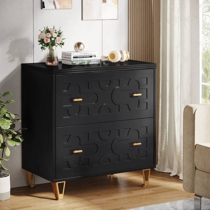 Engineered Wood Filing Cabinet with Iron Legs and 2 Drawers
