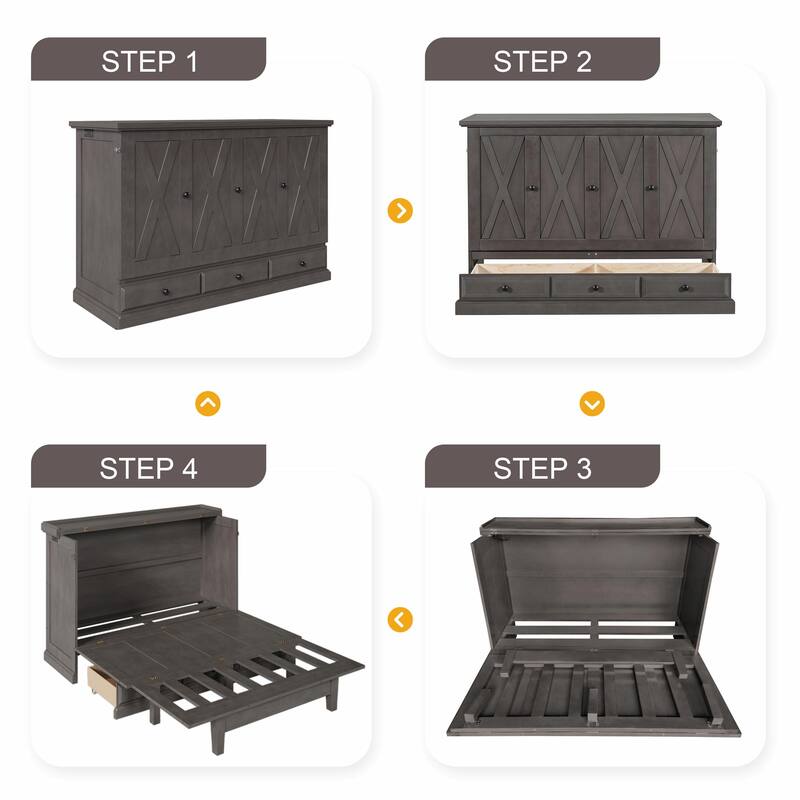 Solid Pine Murphy Bed Chest - Cube Cabinet Bed with Charging Station and Large Storage Drawer