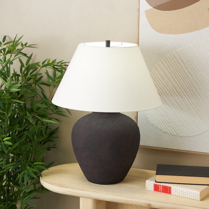 Ceramic Wide Rounded Distressed Antique Table Lamp with Cream Linen Shade - Black or Brown - Roche River Decor