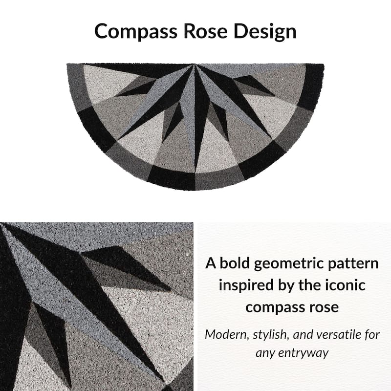 Half-Circle Coir Doormat with Bold Compass Rose Design - 30 L X 15 W x 5/8 H