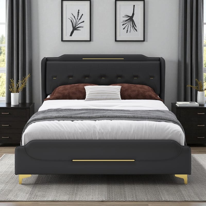 Queen/King PU Leather Upholstered Platform Bed with Wingback Headboard & Footboard, Gold Metal Accents and Wooden Slats - Black - Queen