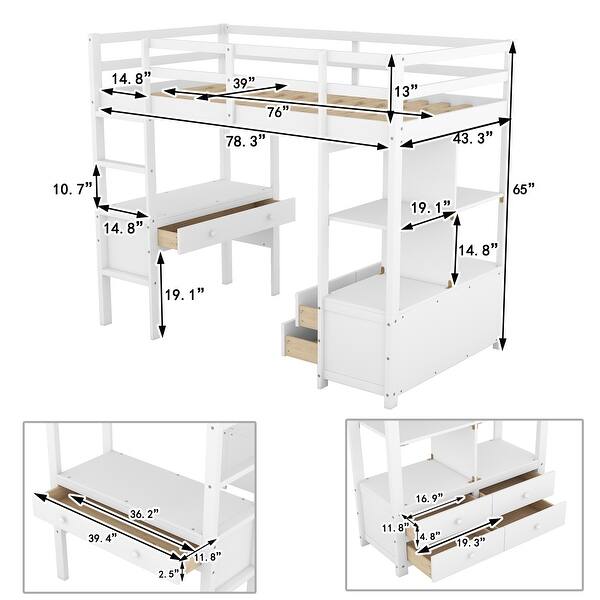 dimension image slide 1 of 2, Elegant & Multifunctional Design Twin Size Loft Bed with Built-in Desk with 2 Drawers, and Storage Shelves, Space Saving, White