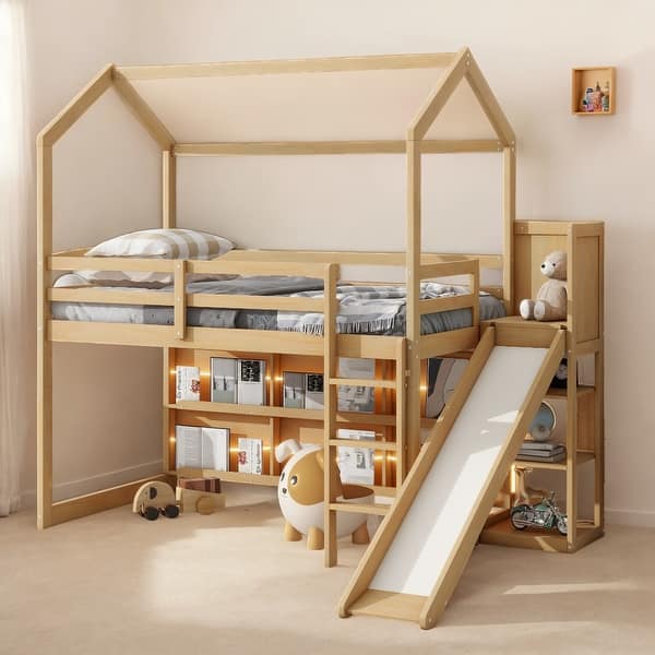 slide 2 of 24, Twin Size Wood House Loft bed with Slide, Storage shelves & Light, Climbing Ramp, Wood Color Wood Color
