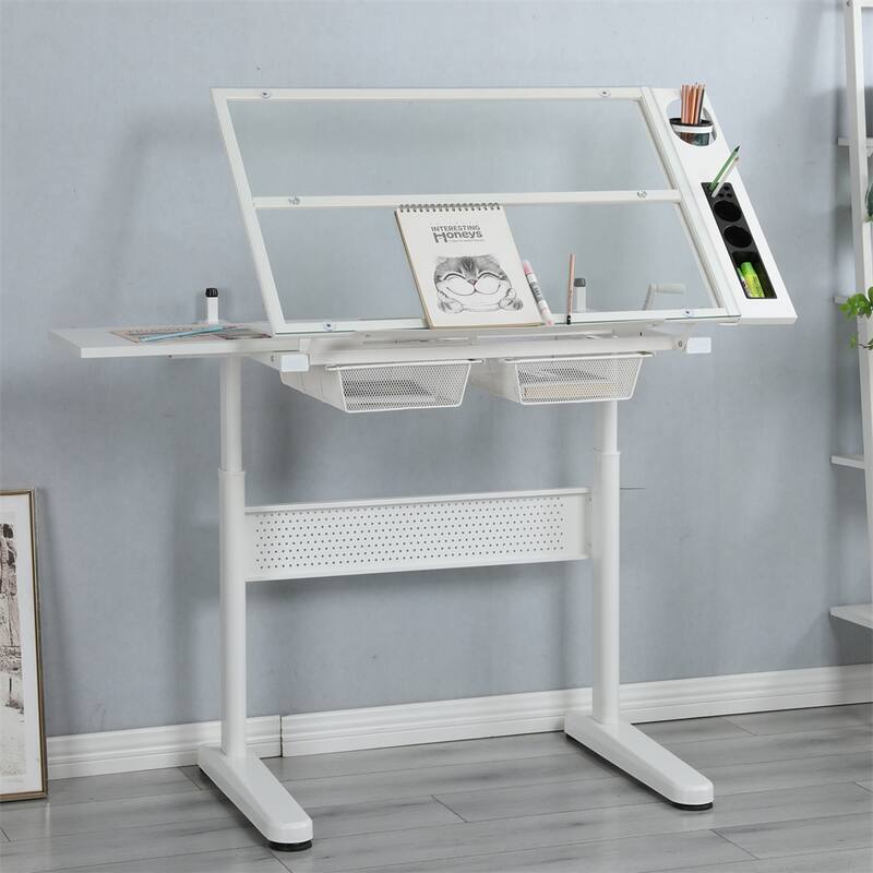 Adjustable Drawing Desk with 2 Metal Drawers and Stool