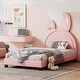 preview thumbnail 11 of 13, Upholstered Leather Twin Size Platform Bed with Rabbit Headboard Pink