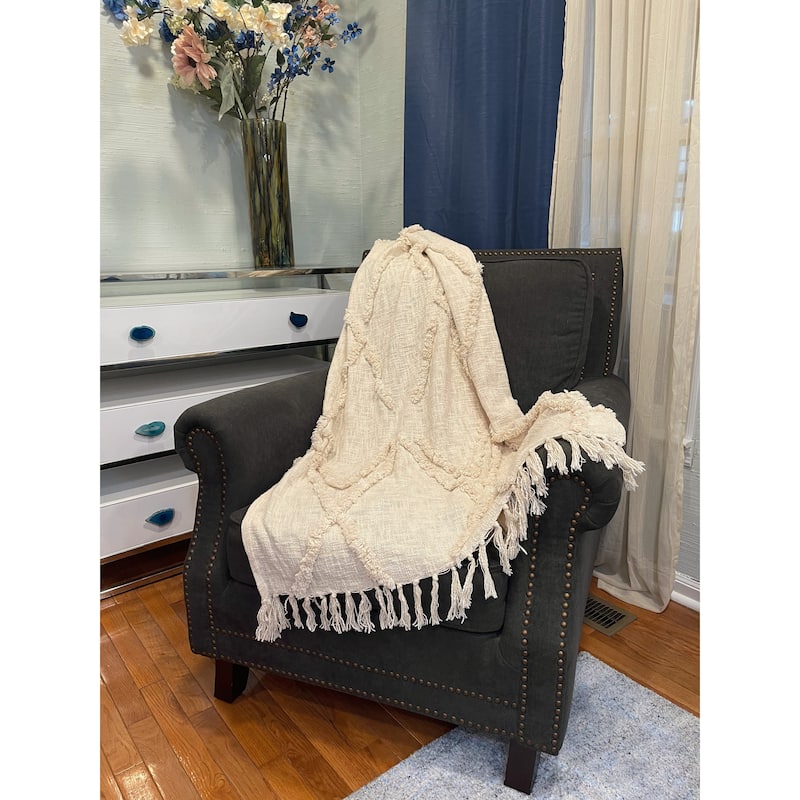 Sevita Handmade Boho Farmhouse Natural - Off White Sofa Bed Throw Blanket with Fringe