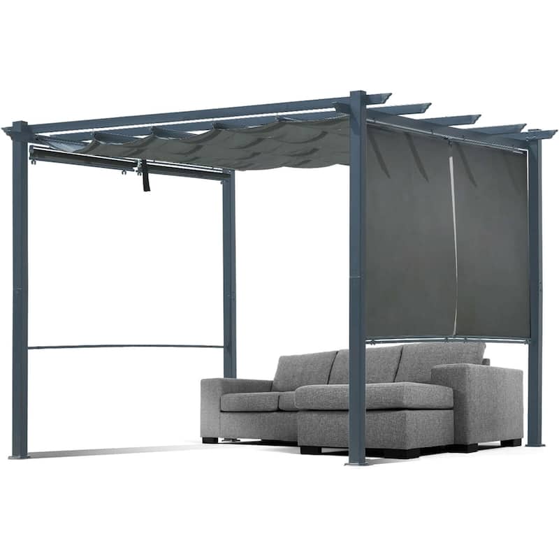 Aoodor 10 x 10 FT Outdoor Pergola with Retractable Shade Canopy, 4 Pieces Roller Shade Curtain