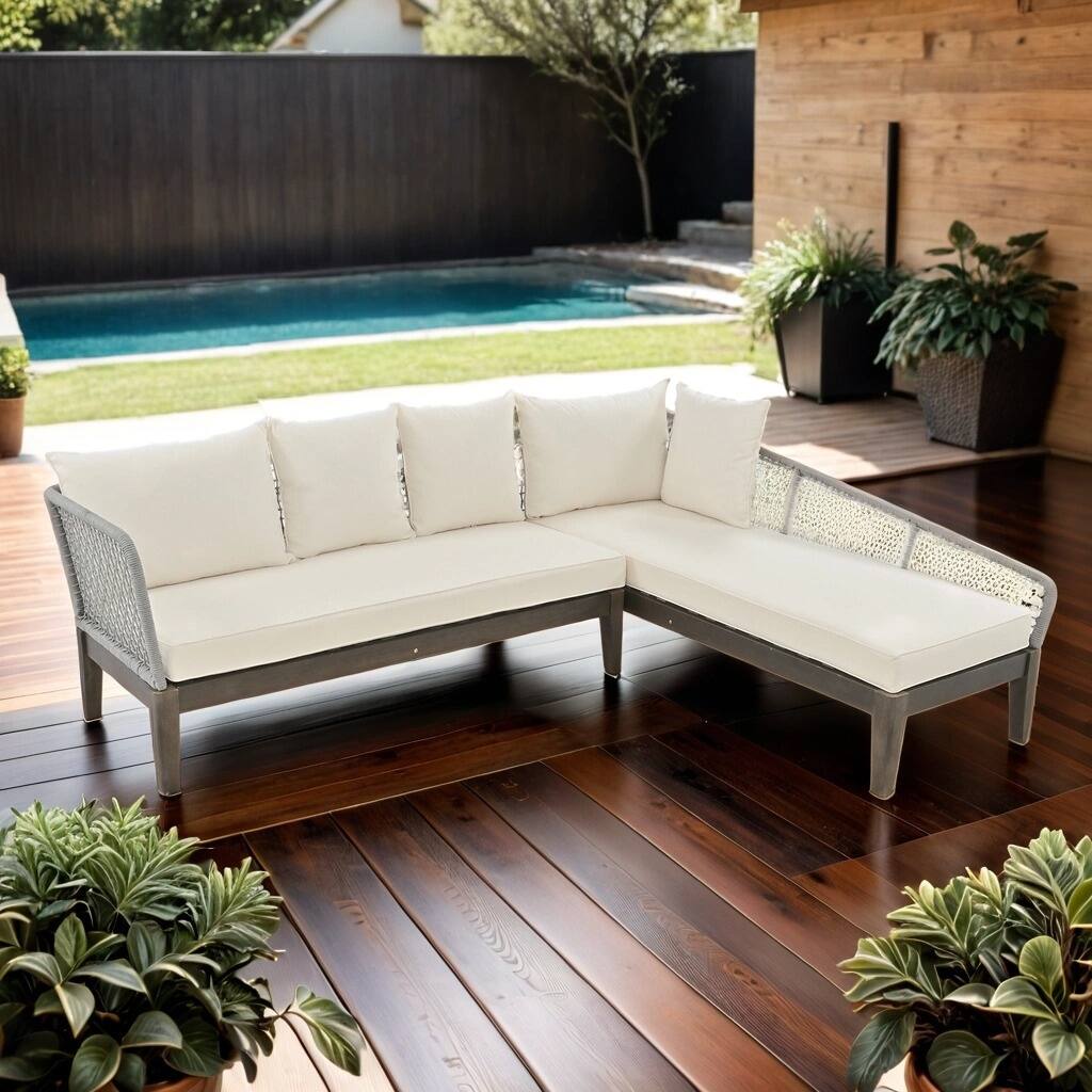 L-Shaped Outdoor Seating Group Sectional Sofa with Cushions Rope Waved Patio Sofa Set, Gray+Beige