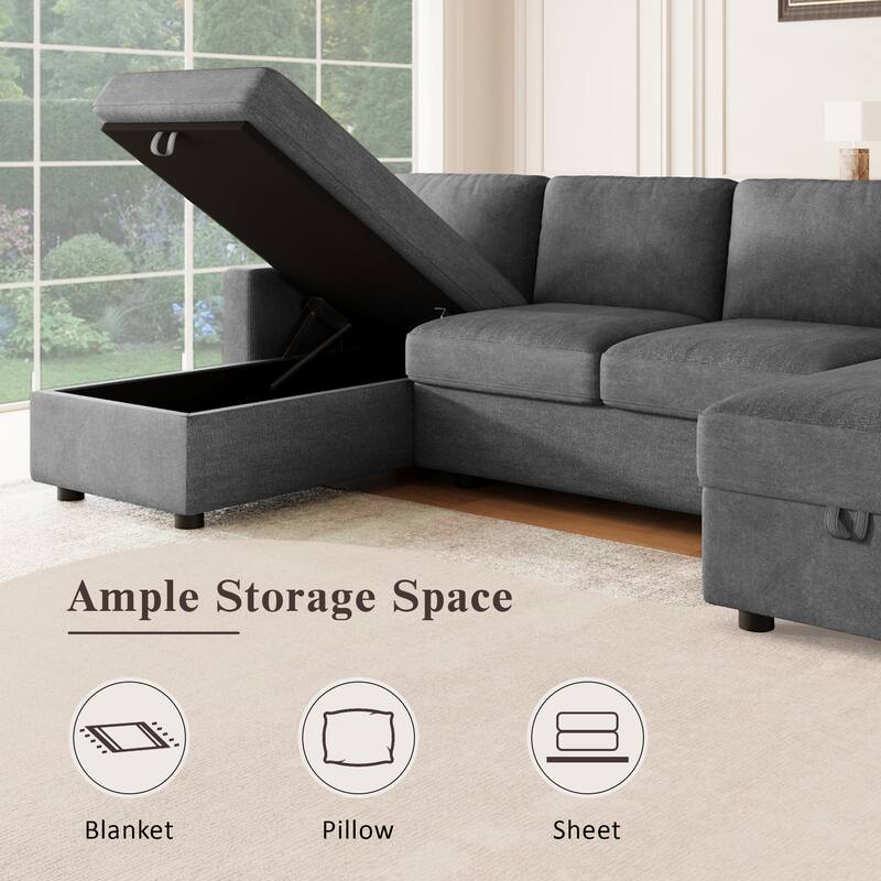 103.9" Sectional Sofa Convertible Sectional Sofa, U-shaped Sofa with Two Storage Chaise Lounges and Four USB Ports