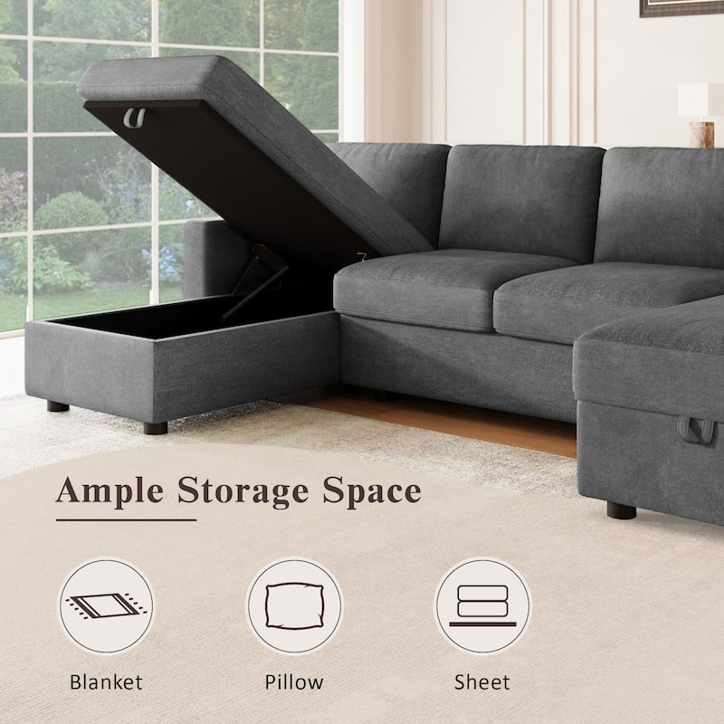 Roomfitters Convertible U-Shaped Sectional Sofa with 2 Storage Chaise Lounges and 4 USB Ports for Living Room