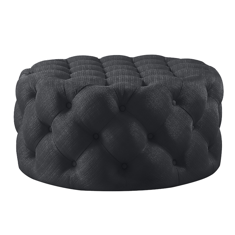 HomeRoots 33" Black Linen Tufted Round Cocktail Ottoman