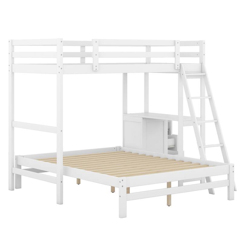 Twin Over Full Bunk Bed with Built-in Desk and Three Drawers, White