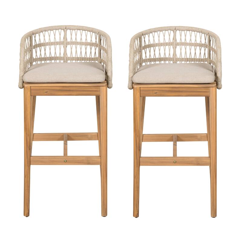Roomfitters Laguna Outdoor Wood and Rope Barstools with Cushions, Teak Finish and Beige Set of 2