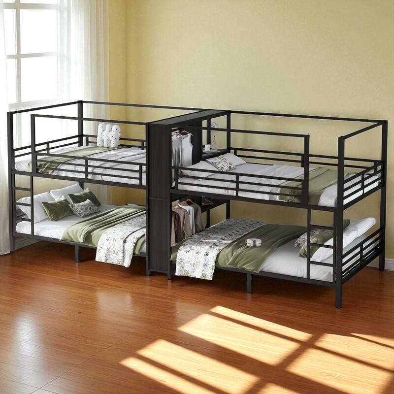 Quadruple Metal Bunk Bed Twin/Full/Queen with Storage Shelves and Wardrobe, Heavy-Duty Frame with Guardrails - Black - Queen
