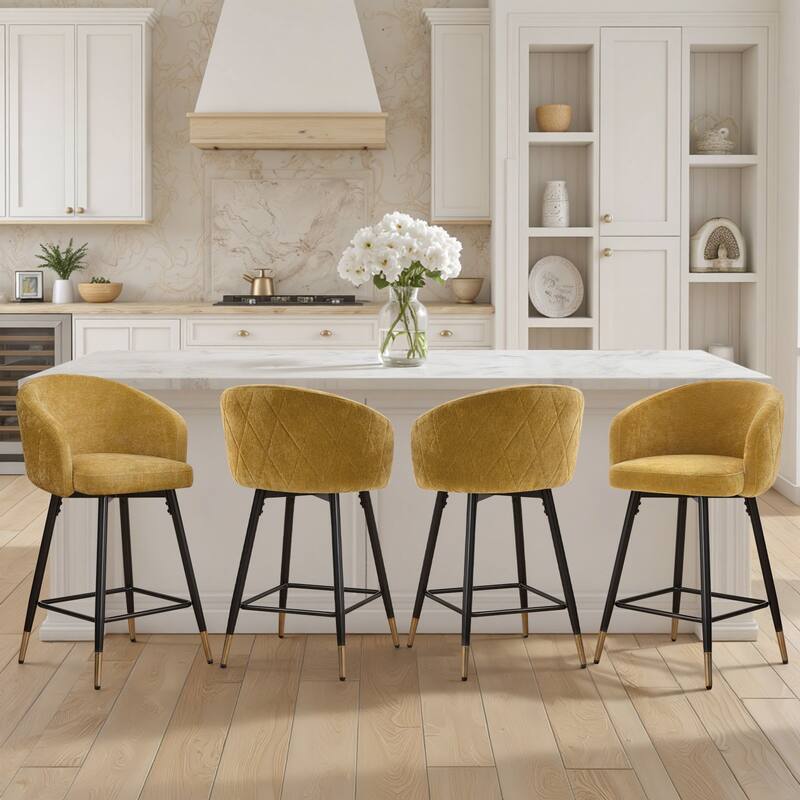 26" Counter Height Swivel Barstool with Arms and Metal Legs - 37"H x 22"W x 22"D - Set of 4 - Yellow