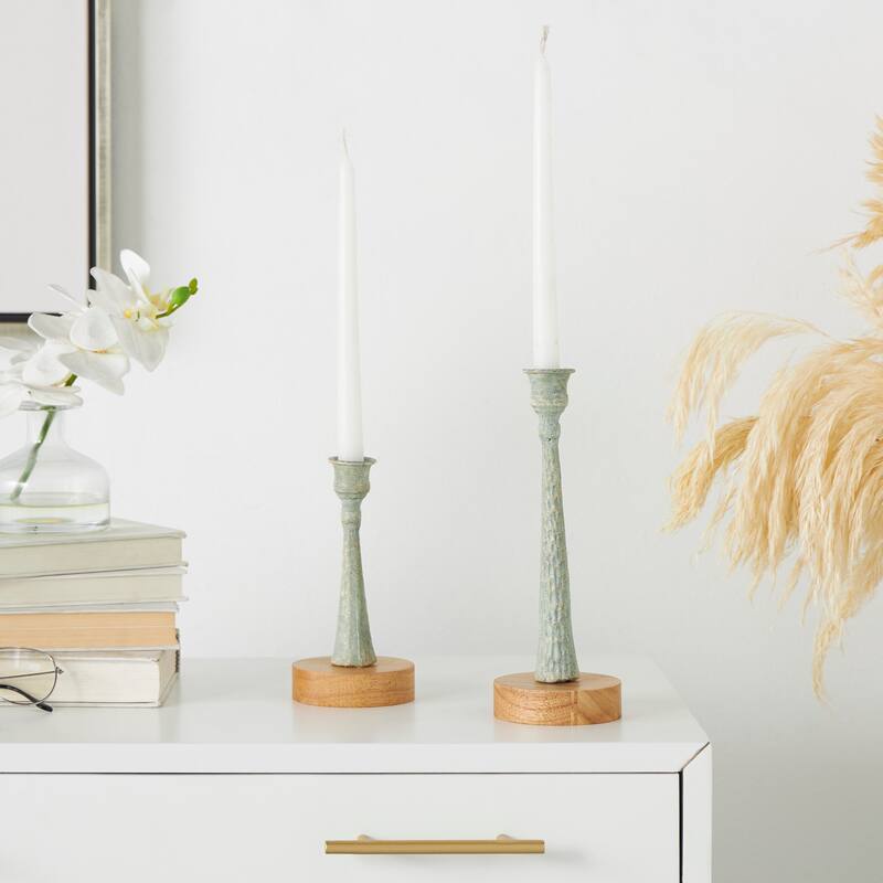 Cream or Light Blue Metal Textured Tapered Candle Holder with Brown Wood Bases (Set of 2) - Light Blue