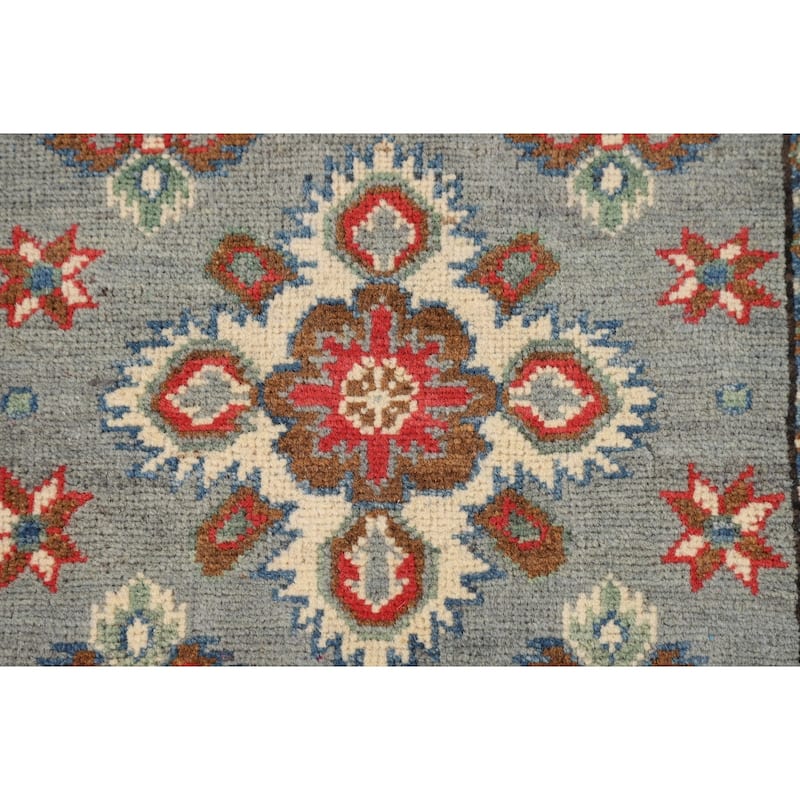 Gray Geometric Kazak Oriental Runner Rug Hand-Knotted Wool Carpet - 2'2" x 6'0"