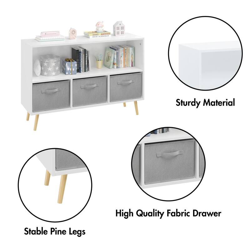 Anmytek White/Gray Kids Storage Organizer with Fabric Drawers White Bookcase Toy Display Shelf
