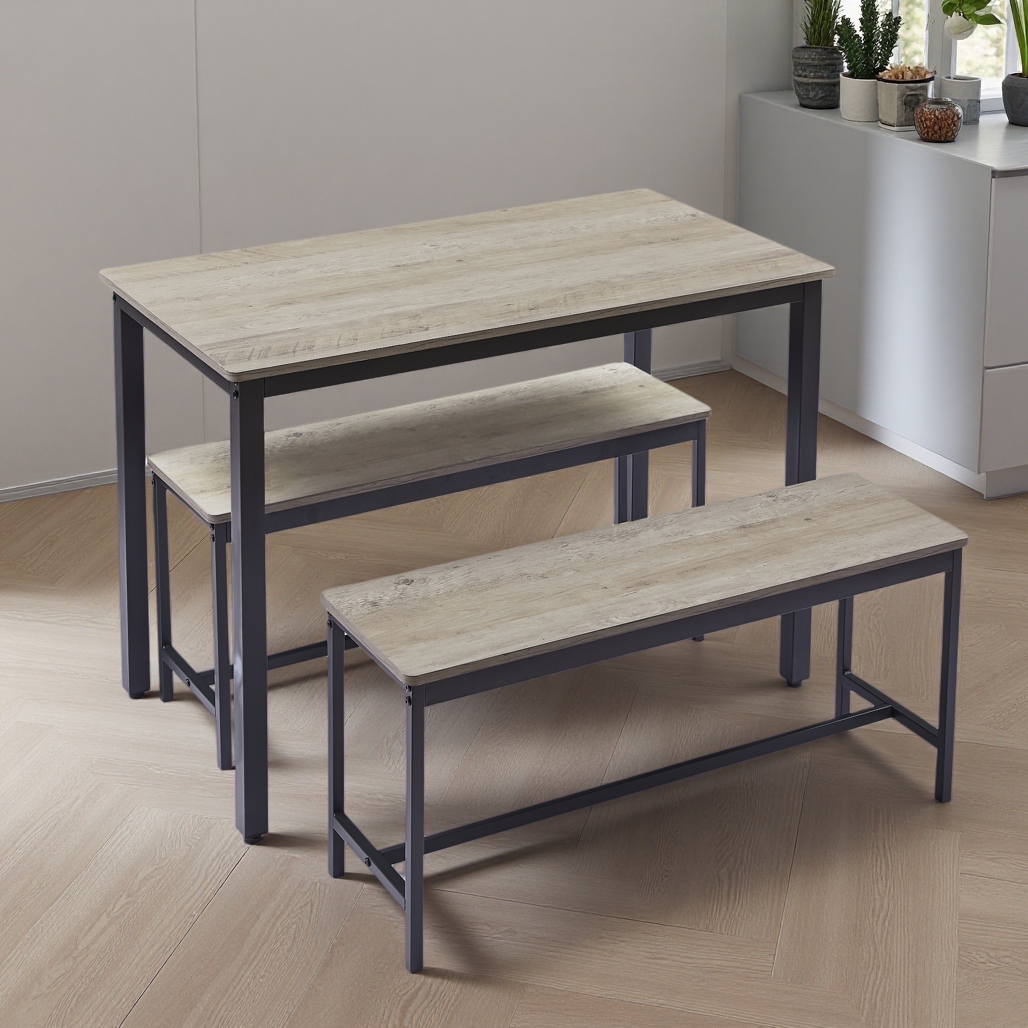 3-Piece Dining Set with Rectangular Table and 2 Benches