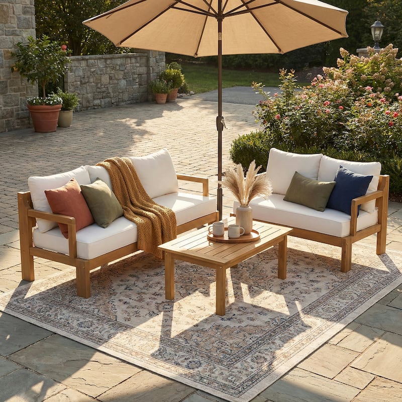 Christopher Knight Home - Modern 3-Piece Acacia Wood Outdoor Sectional Set with 3-Seater Sofa, Loveseat & Coffee Table - 3-Piece Set-Beige+Light Brown