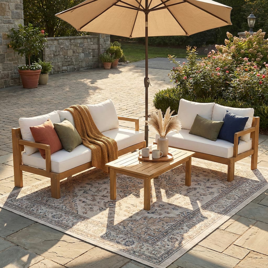 Christopher Knight Home - Modern 3-Piece Acacia Wood Outdoor Sectional Set with 3-Seater Sofa, Loveseat & Coffee Table