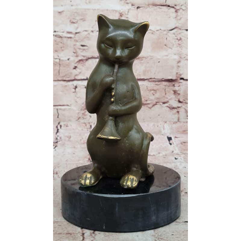 Whimsical Imitative Cat Playing Clarinet Bronze Sculpture On Marble Base