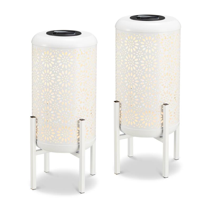 Glitzhome 14.25"H Set of 2 Metal Flower Cutout Solar Lanterns Floor Lantern