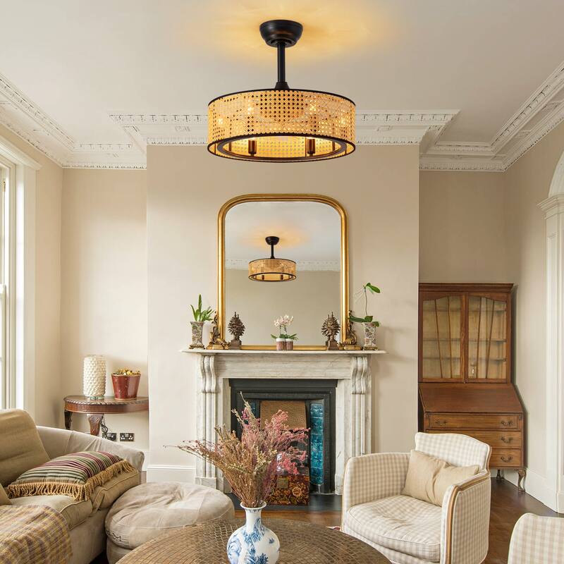 19" Rattan Caged Ceiling Fan With Lights And Remote, 6-Light Boho Woven Round Chandelier Ceiling Fan With Light - 19''-6 Lights