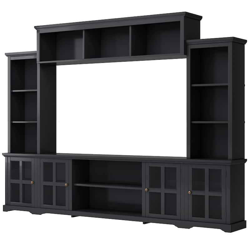 Entertainment Wall Unit with Bridge and Tempered Glass Door, TV Console Table for TVs up to 70"