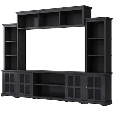 TV Stand with two pier units and an overhead bridge providing ample storage options