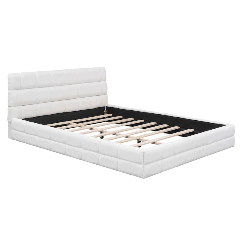 Upholstered Low Profile Bed Frame, Queen Size Platform Bed with Futon Design Headboard and Wooden Slat Support