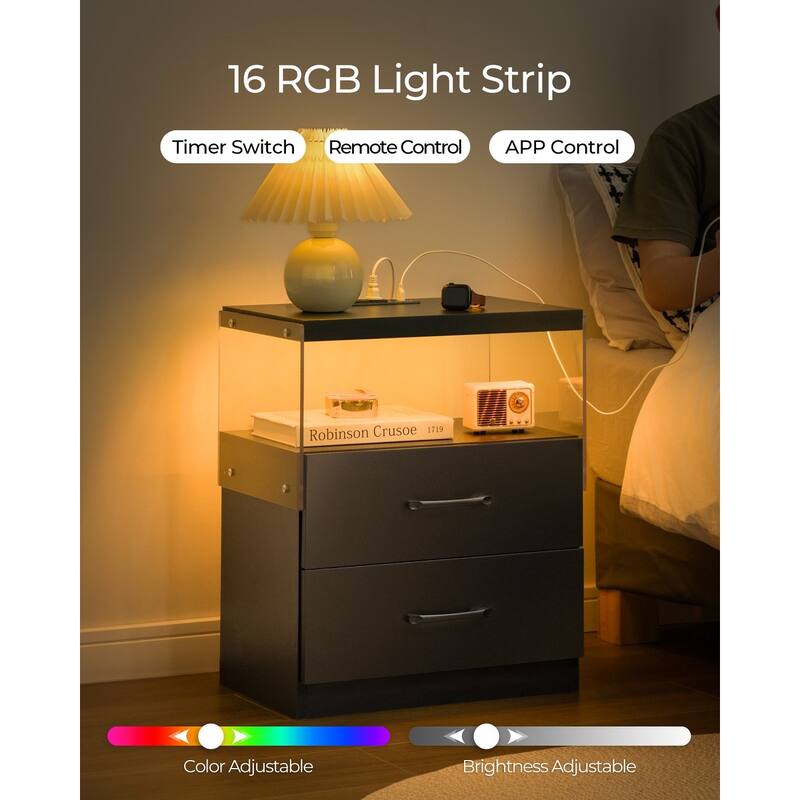 LED Nightstand with Adjustable Colors, 2 Drawers, and Power Sockets for Bedroom & Living Room