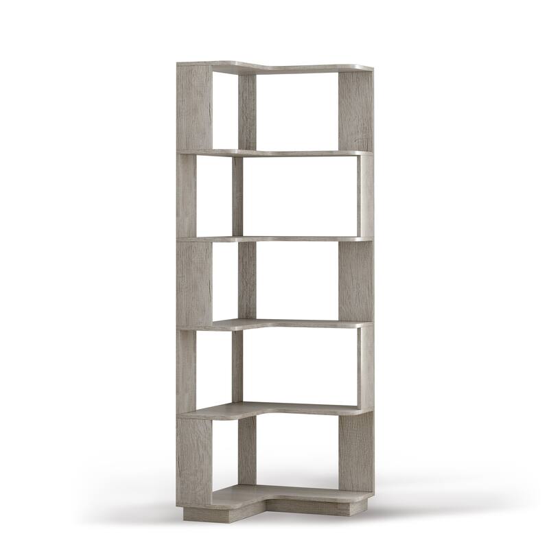 GDFStudio - Elysande Wood Corner Bookcase with 6-Tier Anti-Fall Design
