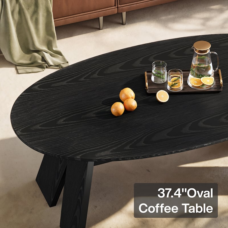 47 Inch Modern Black Oval Coffee Table for Living Room - 23.6" D x 47.2" W x 18.11" H