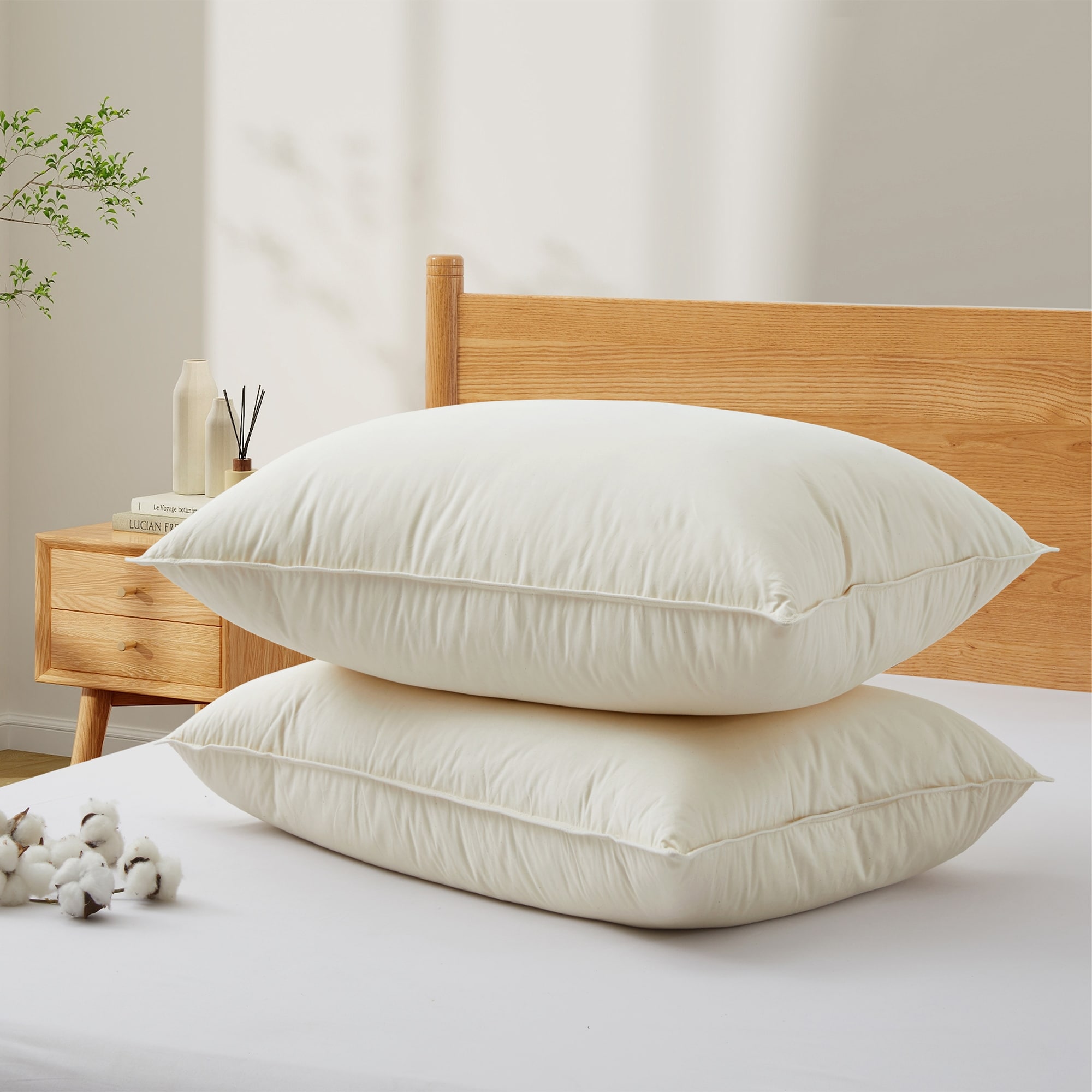 Set of 2 Organic Cotton Down Feather Bed Pillows for Sleeping, Pillow-in-a-pillow Design