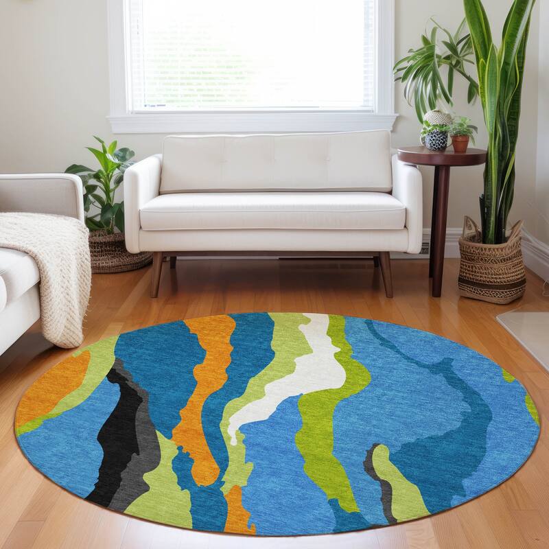 Machine Washable Indoor/ Outdoor Abstract Contemporary Chantille Rug - Denim - 8' x 8'