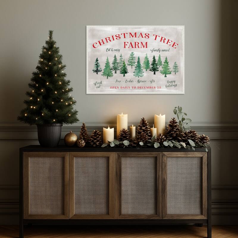 Christmas Tree Farm Sign by Rosana Laiz Blursbyai Framed Canvas Wall Art Print - Sylvie Beaded White