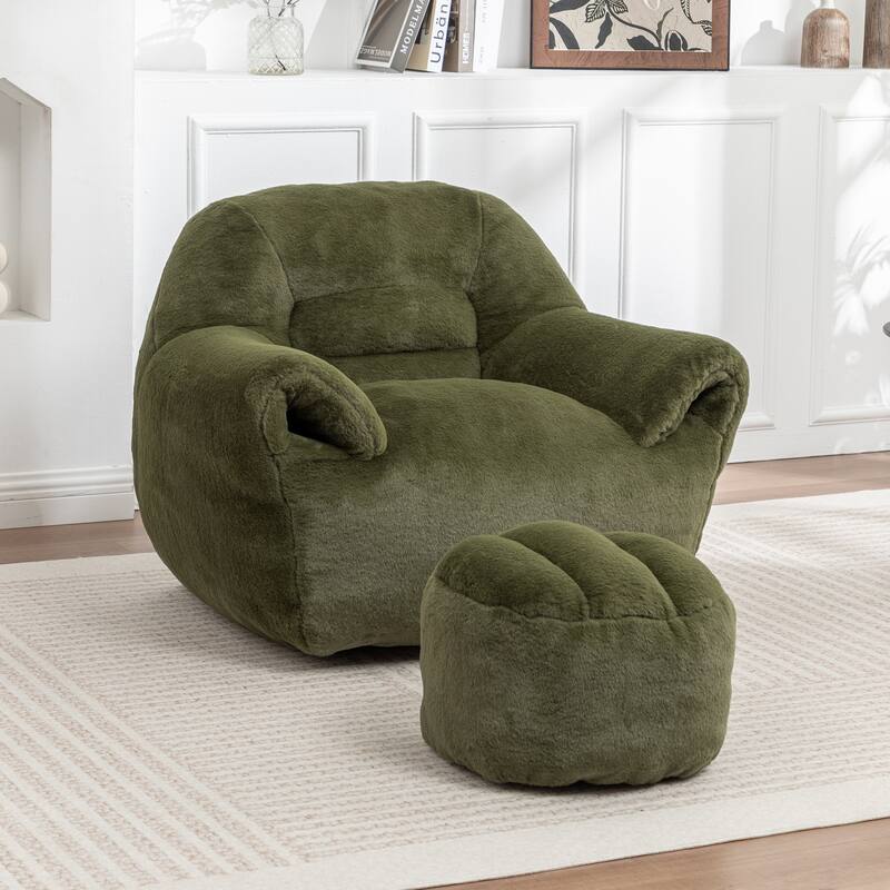 Faux Fur Bean Bag Chair with Back Support & Footstool - Comfy Floor Sofa for Adults & Kids, Living Room, Bedroom (2 Options)