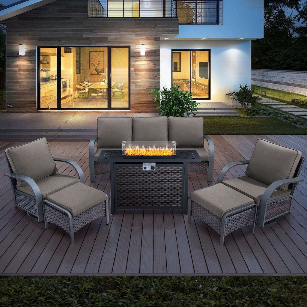 6 Piece Sofa Rocking Chairs Ottoman with Rectangle Fire Pit Table - Grey Cushion - Brown