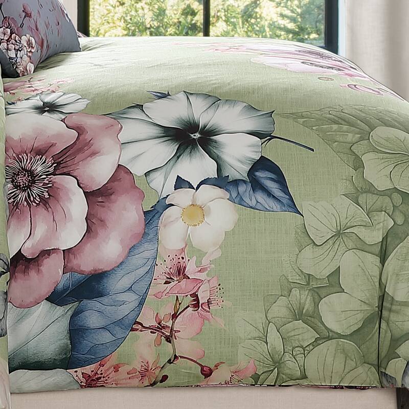 Bebejan Lilac Cascade on Olive 100% Cotton Sateen 5 Piece Reversible Comforter Set