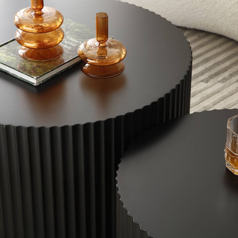 Modern Glam Relief Carving Round Accent Nesting Side Fluted Coffee Tables Set (2 Pack) No Assembled