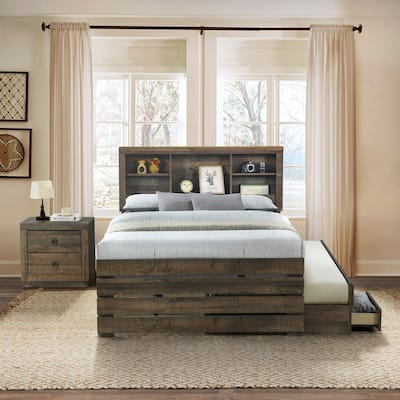 2 Pieces Bedroom Sets Farmhouse Style Full Size Bookcase Captain Bed and Nightstand, Rustic Brown