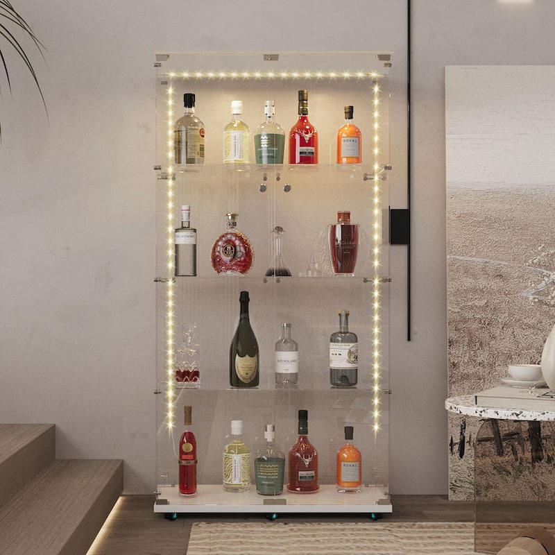 Versatile Tempered Glass Cabinet with Smart Lighting and Mobility