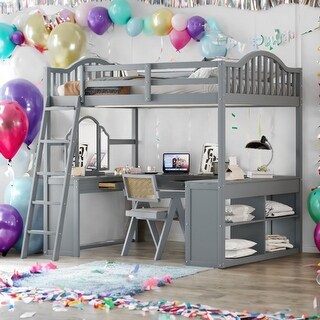 Gray Full Size Loft Bed with U-shaped Desk,Solid Wood Bed with Tri-fold Mirror and Shelves