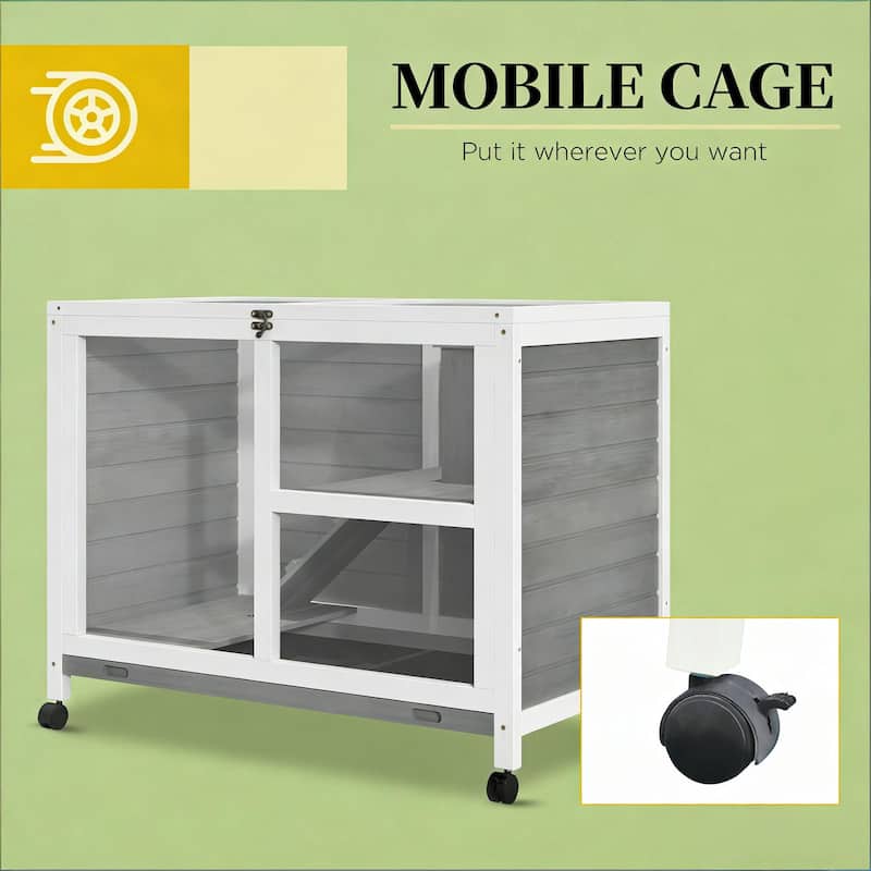 Bunny Cage with Wheels,Small Rabbit Hutch,Spacious Pet House is designed for convenient cleaning - Gray,White