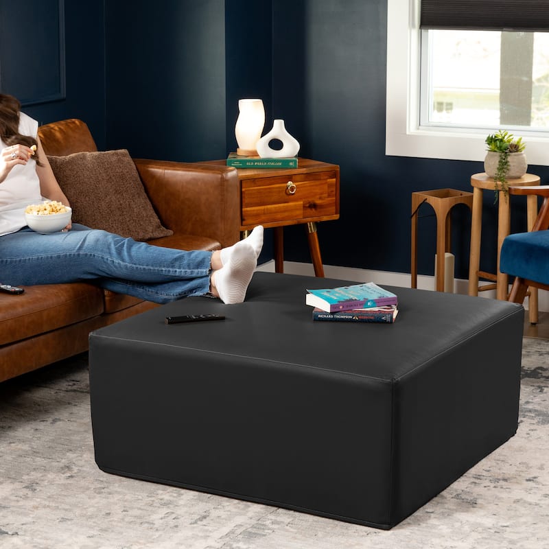 Jaxx Fairlie Couch Ottoman - Oversized Square Foam Coffee Table Ottoman - 36 Inch - Vegan Leather Black