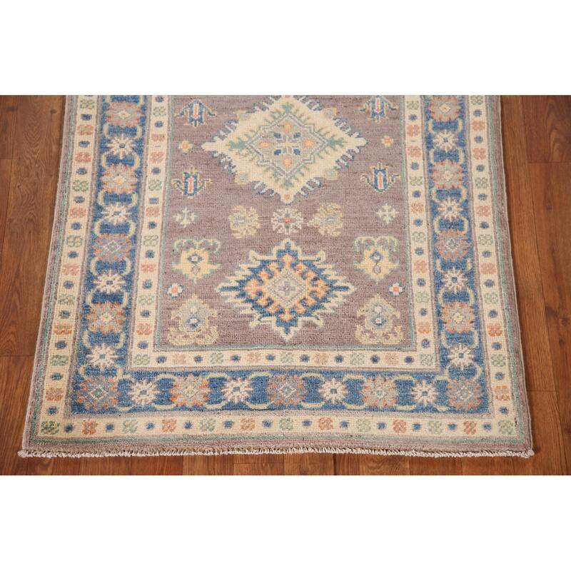 Geometric Kazak Oriental Accent Rug Hand-Knotted Beige Wool Carpet - 2'8"x 3'10"