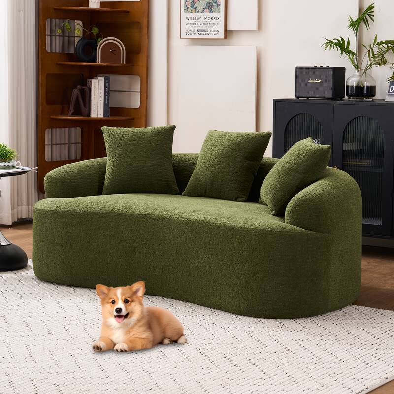 Full Compression Chenille Curved Loveseat Sofa with 3 Pillows - Antique Green