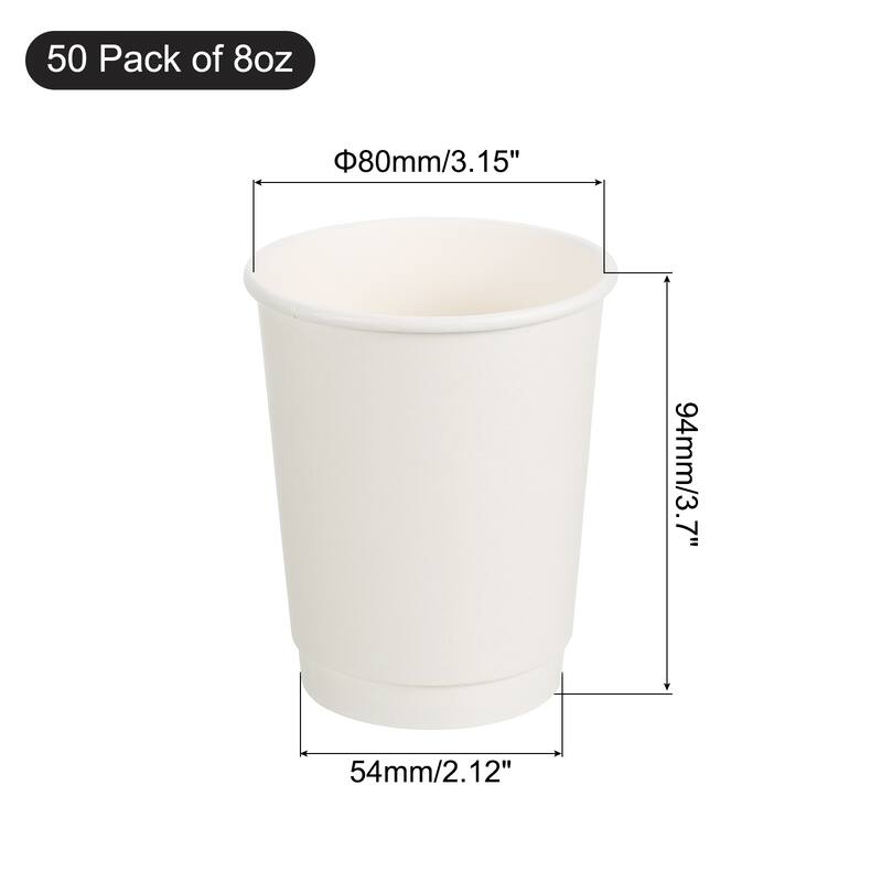 White Cup Paper Coffee Cups, 50 Pack Double-Layer Disposable Cups - 80mm x 94mm