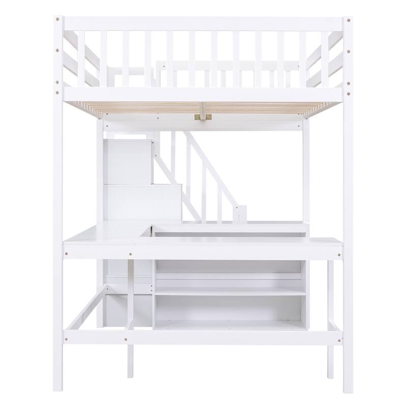 Full Size Loft Bed with L-Shaped Desk, Storage Shelves, and Staircase, White